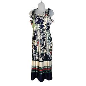 DALIA MACPHEE Tie Shoulder Midi Dress Women's L Mixed Print Pleated Coastal
